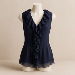 Tory Burch Silk Ruffle Front Sleeveless Blouse Navy | Size 8